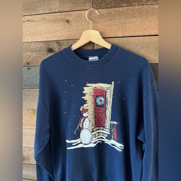 Vintage 90s Jerzees Navy Snowman Winter Scene Crewneck Sweatshirt - Picture 5 of 6